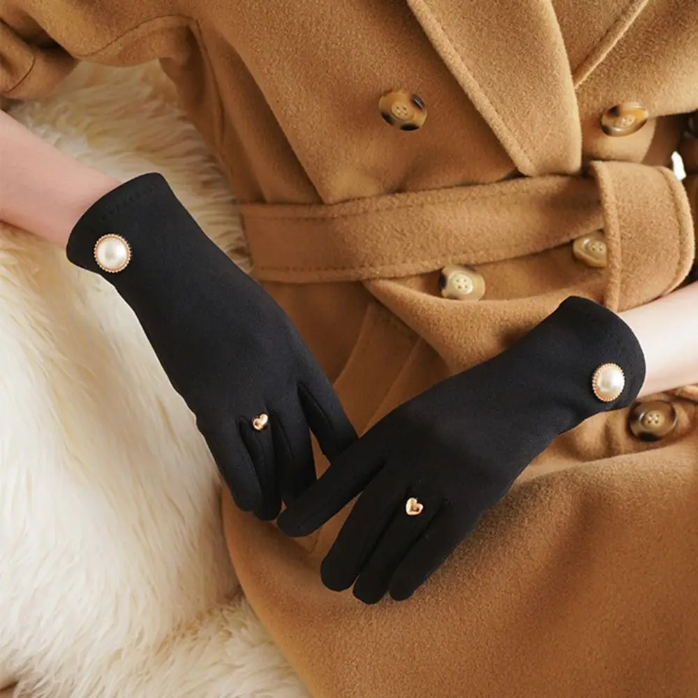 All-Match Velvet Winter Cycling Gloves Pearl Heart Women Mittens Korean Style Waterproof Plush Gloves Girls