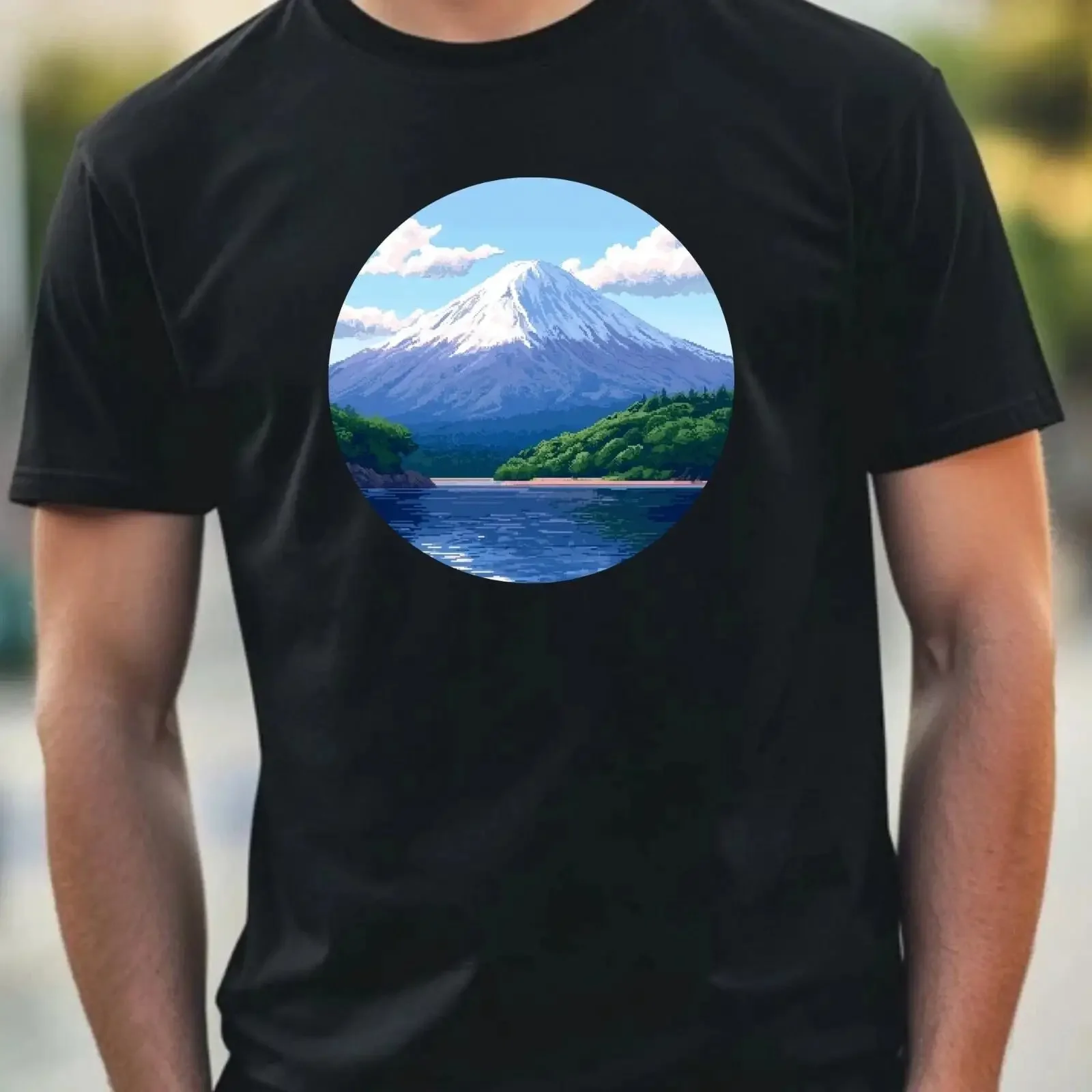 Herren T Shirt Mount Fuji Pixel Art Motiv Baumwolle Größe XS bis 5XL vintage Washed Slightly Unisex Casual Versatile graphic