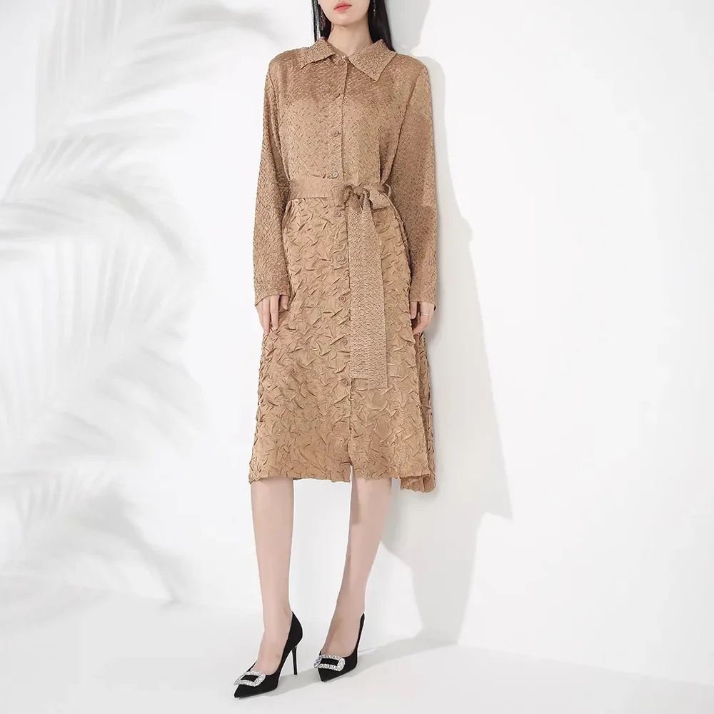 Miyake Lapel Single-breasted Lace-up Waist Pleated Trench Coat Heavy Industry High-end Medium and Long Coat Women's Autumn New