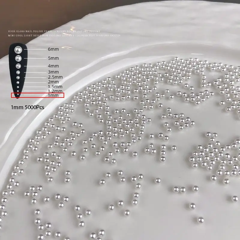 300-5000 개/가방 진주 순수한 흰색 네일 비즈 라인 석 라운드 1-6MM 혼합 크기 DIY 매니큐어 장식을위한 고휘도 진주