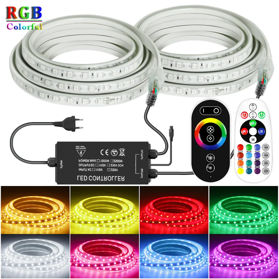 220V  RGB LED Strip Lights 50M 100M 5050 IP67 Dimmable Tape 4Pin RF Touch Remote Control 2500W Christmas Light Strip Decoration