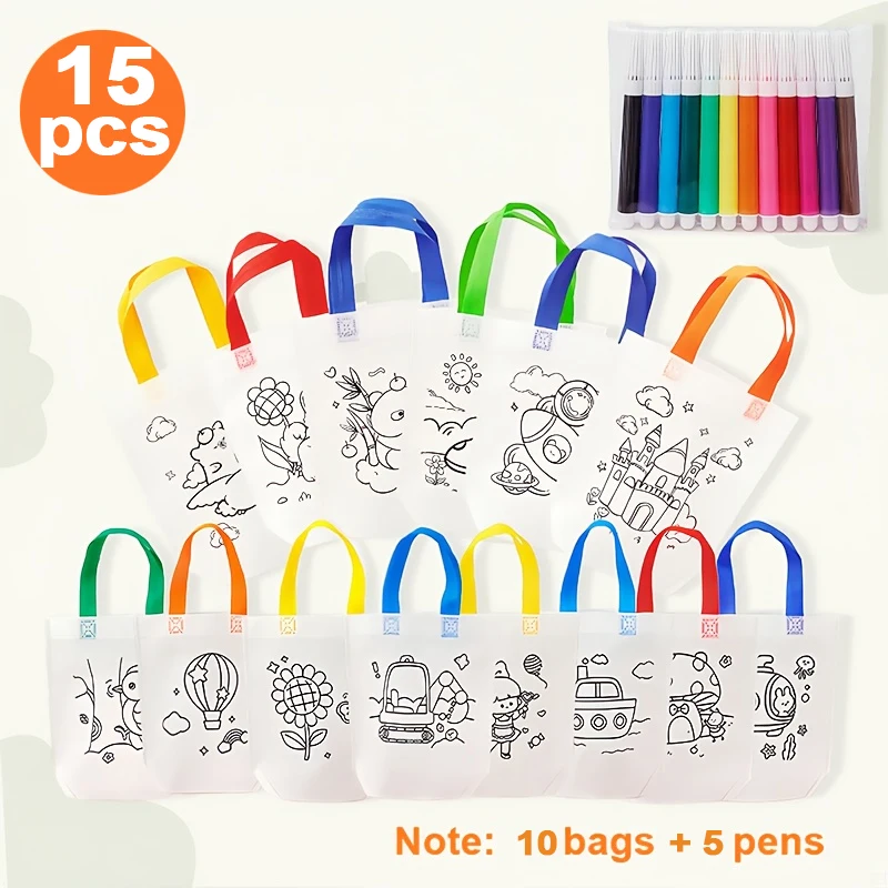 10 Non-Woven Fabric Hand-Painted Graffiti Bags + 5 Packs of Watercolor Pens Set, Cartoon Line Drawing Patterns DIY Coloring Gift Bags, Blank Painting Tote Bags, Handmade Gift Set