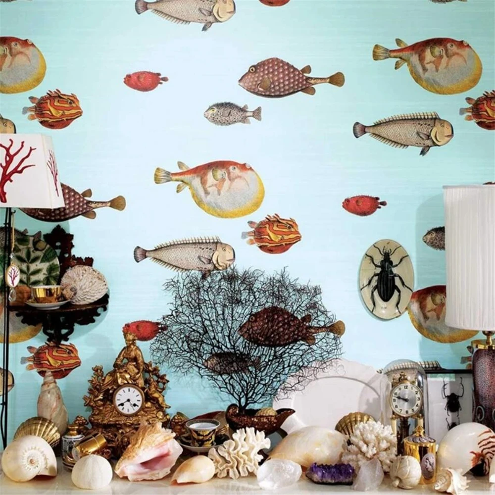 custom nordic mural wallpaper home decor blue back sea fishes scandinavian vinyl wall stickers for living room home decoration