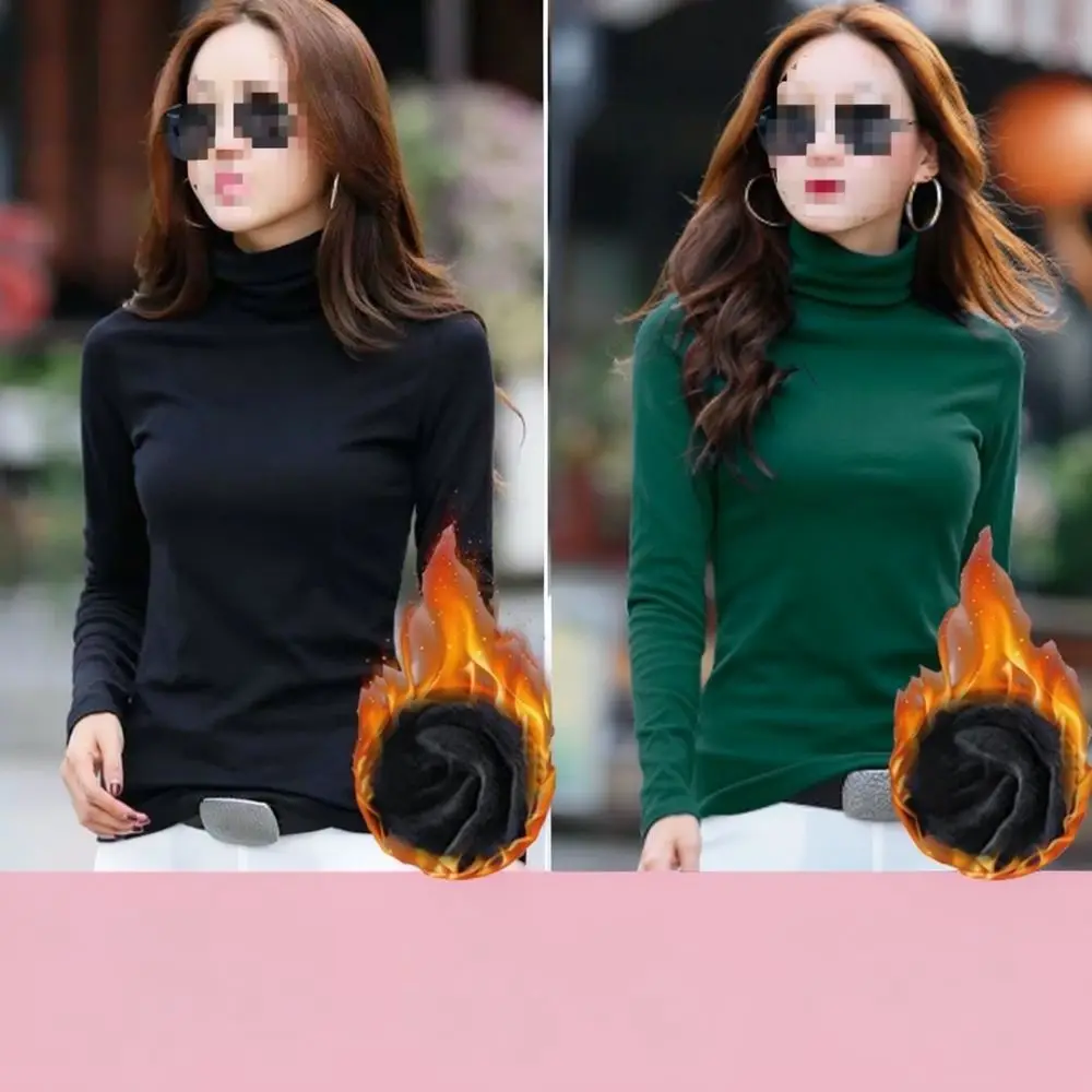Thermal Undershirt Women Long Sleeve Turtleneck T Shirt Autumn Winter Warm Soft Velvet Lining Slim Fitting Base Layer