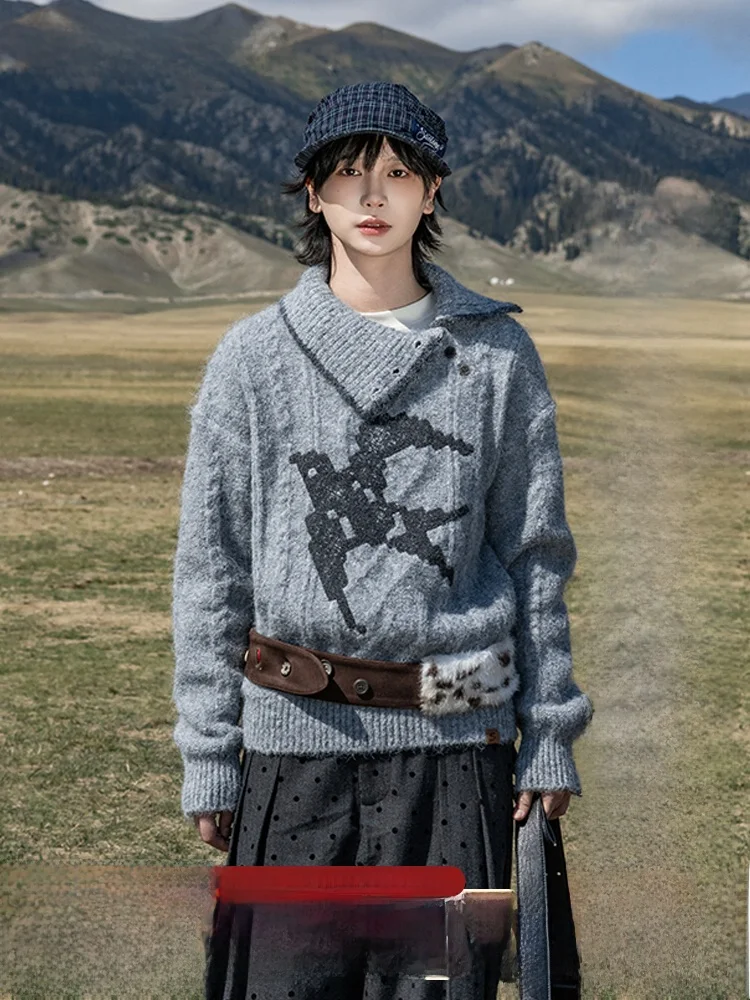 

New Year's High Collar Sweater with Wool Slant Button-Up Design And Swallow Embroidery Early Girl Saito Japanese Sle Knitwear