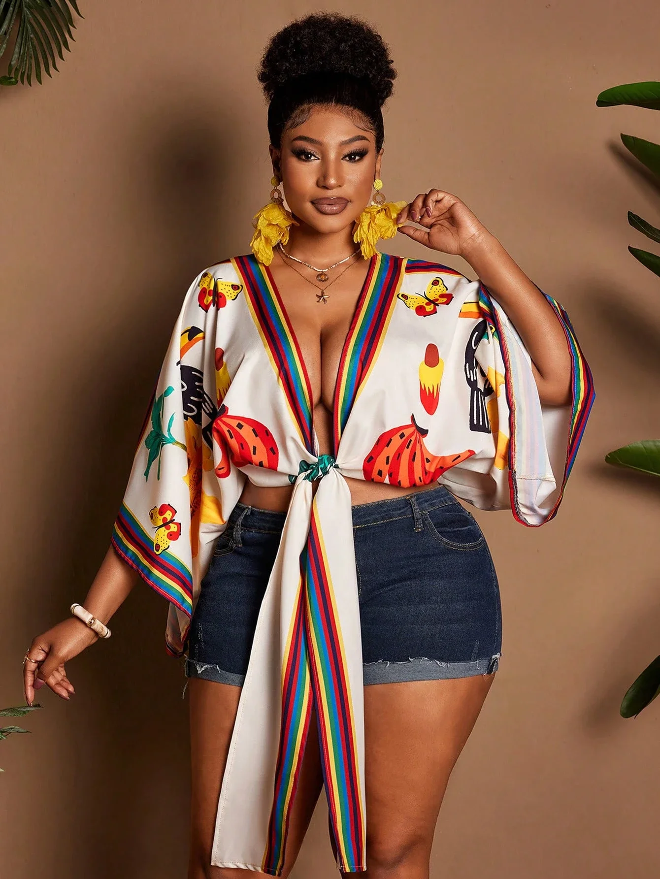 

Сексуальный пляжный кимоно-топ для женщин больших размеров с радужной отделкой и принтом