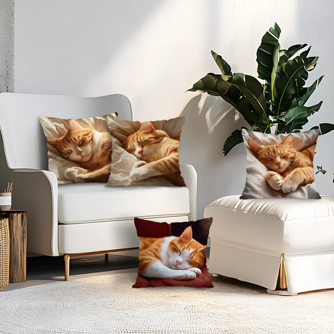4pcs Cute little sleeping cat Single-sided printing Short plush Suitable living rooms bedrooms sofas (excluding pillow cores)