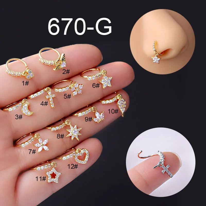 New 1Pcs 316L Surgical Stainless Steel Heart Crown Flower Dangle CZ Nose Studs Indian Screw Nose Rings Nose Piercing Jewelry