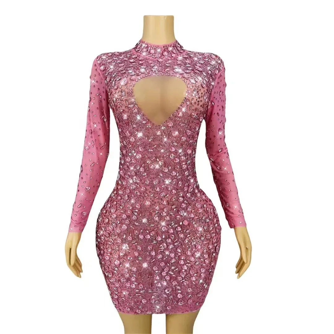 

Women Tight Short Dress Pink Rhinestones Elastic Transparent for Birthday Prom Celebrate Outfit Singer Bar Concert Stage Costume