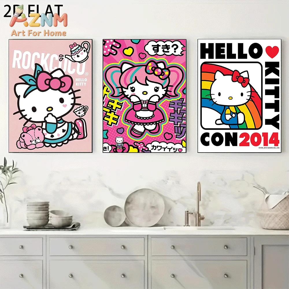 AZNM Sanrio Hello Kitty Canvas Wall Art Unframed Cute Cartoon Rock Style Rainbow Event Poster Japanese Text Character Print Pain