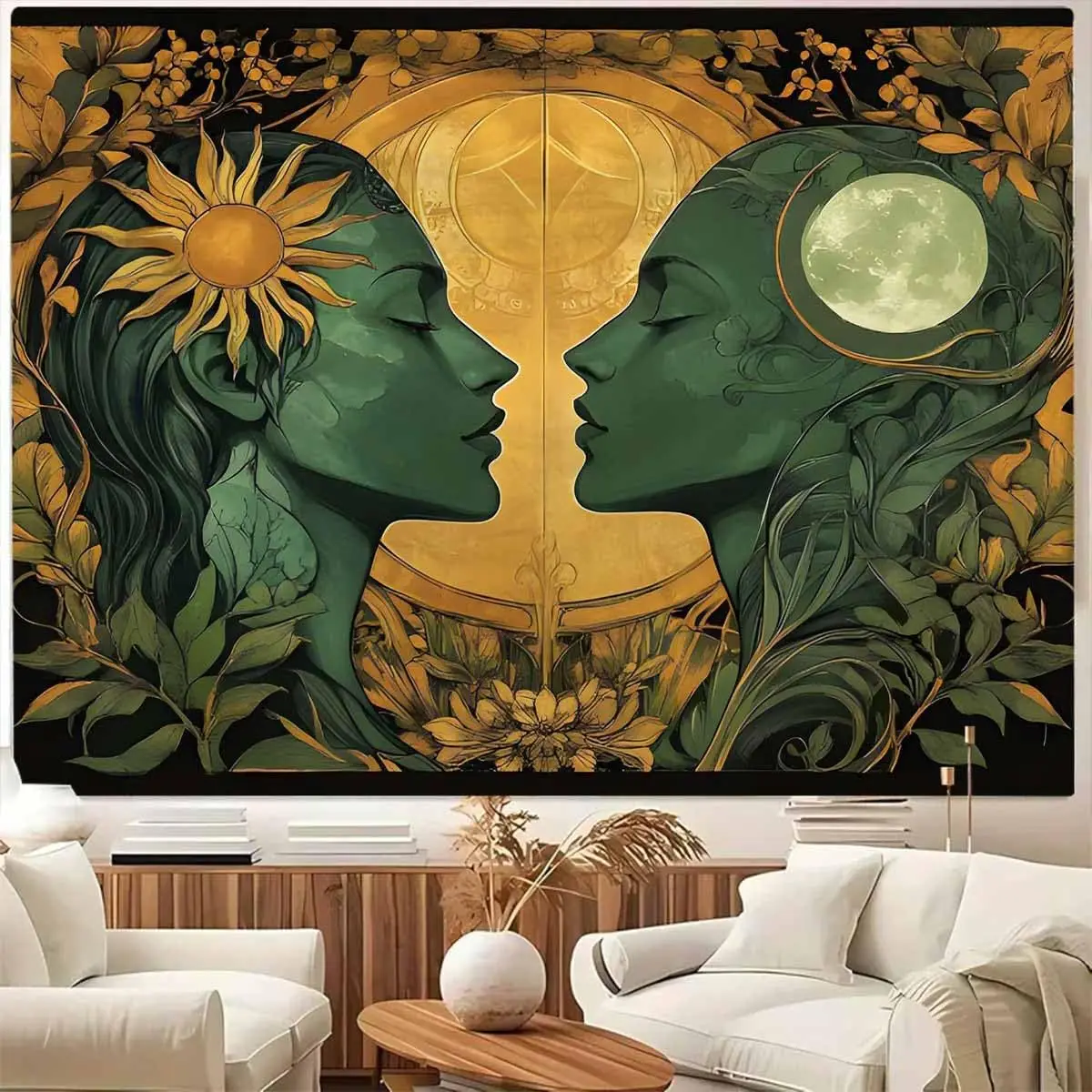 Psychedelic Hippie Sun and Moon Tapestry for Bedroom Aesthetic,Fantasy Trippy Mystic Floral Lovers Face Vintage Decor Tapestries