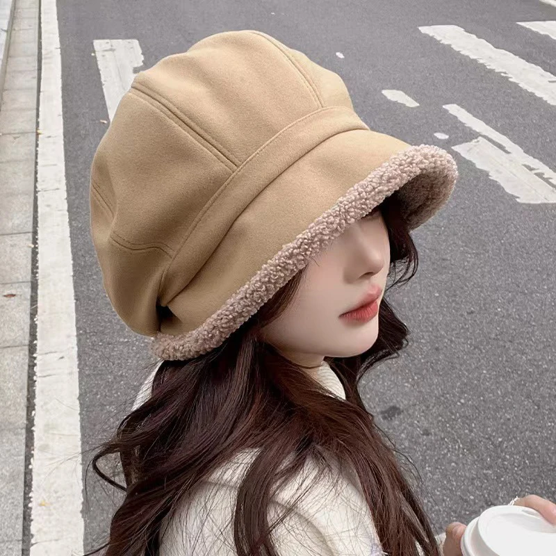 Lambs Wool Fisherman Hat Solid Color Thickened Plush Beret Autumn Winter Outdoor Windproof Warm Panama Cap Fashion Accessories