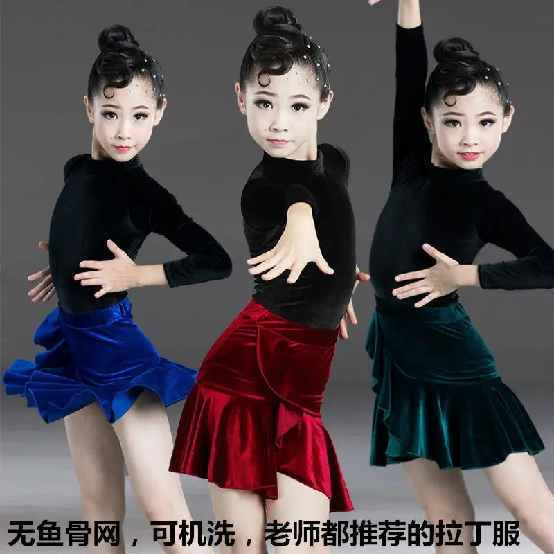 Short Dresses for Prom Latin Dance Suit Dancewear Women Tops +Dance Skirt Stage Costume Dance Outfits Women Long Sleeve Child