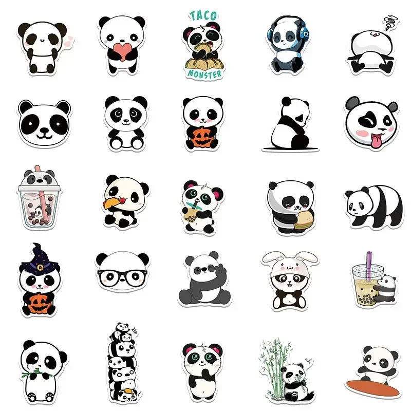 50PCS Cartoon Panda Stickers Cute Cartoon Panda Children Student Stationery Stickers Waterproof Reusable Stickers