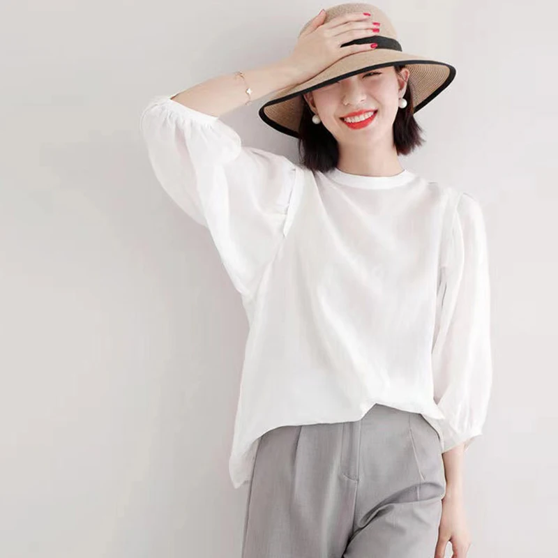 

Loose Women's Summer Faion Slim Fit round Ne ort Sve Chiffon irt Breathable Top Korean Sle Casual Workwear