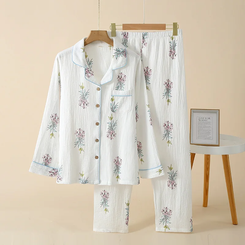

Autumn Double Layer Cotton Yarn Women's Pajamas Simple Printed Thin Home Clothes Loose Long Sleeve Cardigan Trouser Suits