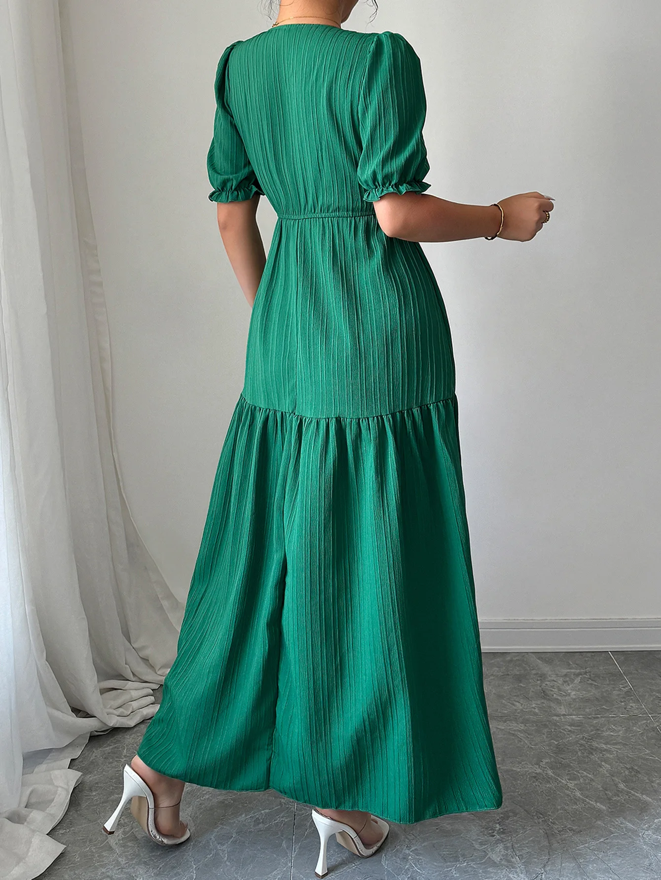 

Womens Dresses 2026 New Spring Elegant Temperament Solid Color Short Sleeved Casual V-Neck High Waist Slit Long Dress