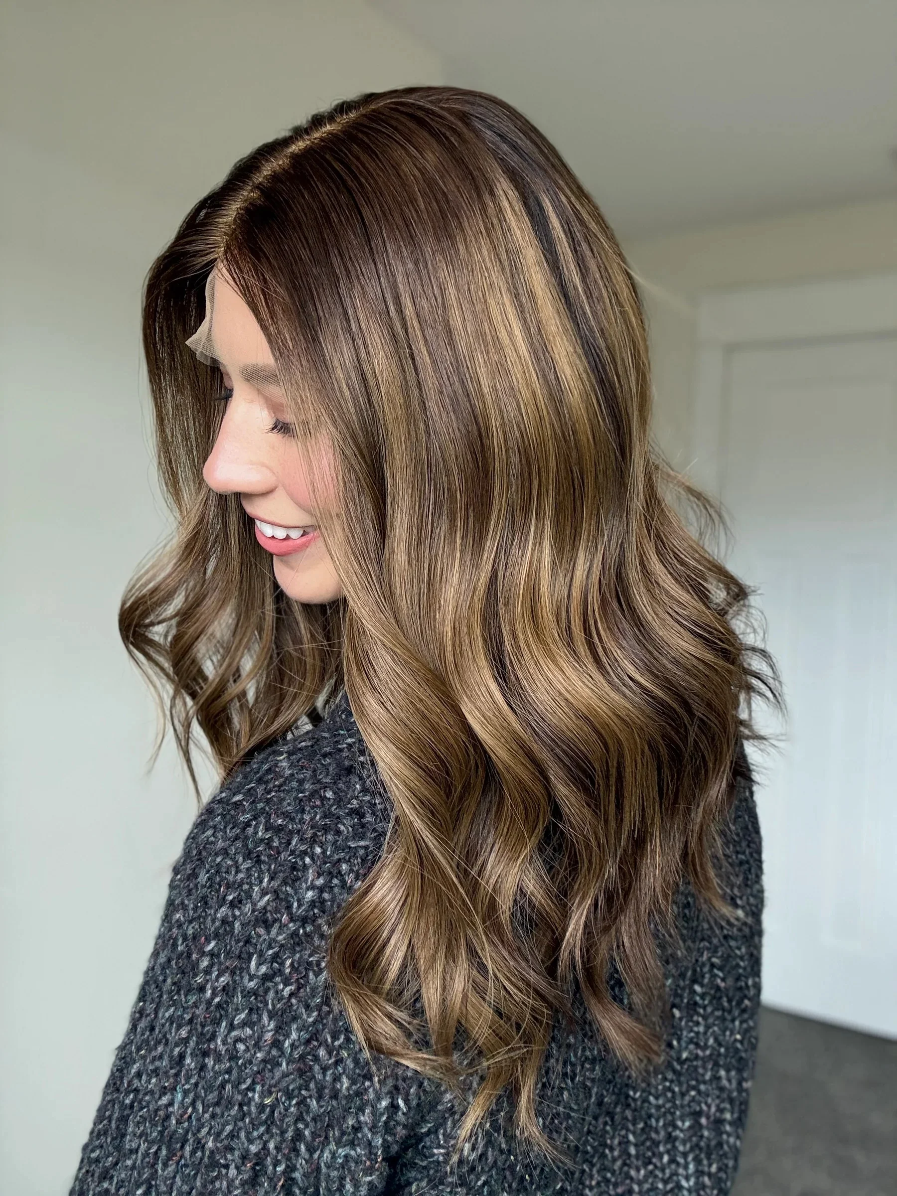 Brunette Highlights Rooted Hair Synthetic Lace Front Wig for Women Luxury Party Wig Heat Friendly Fibre Pre Plucked Hairline