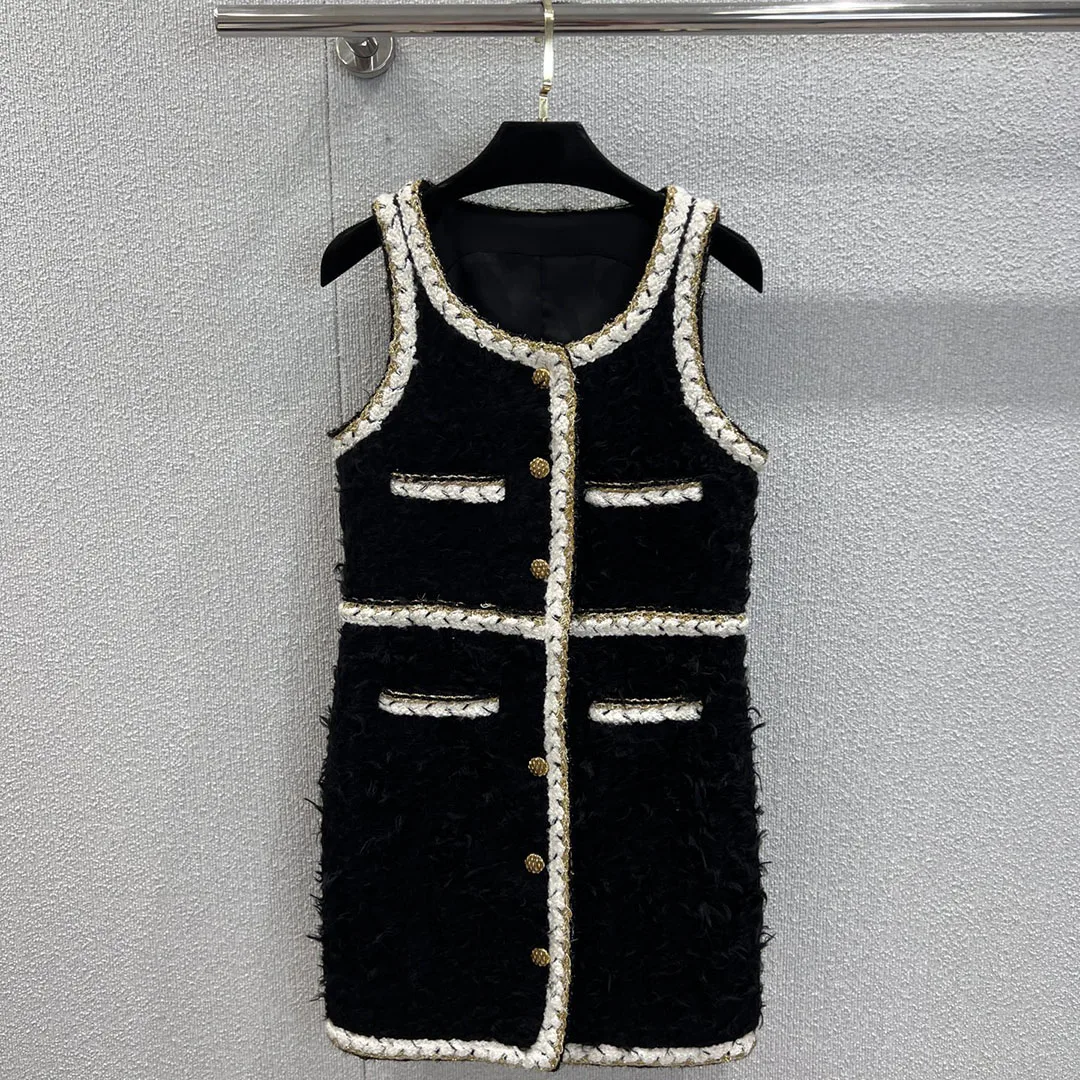 

Luxury Crochet Twist Edge Stripes Straight Mini Tweed Fluffy Dress Women Vintage O-neck Single Breasted Pocket Sweet Dresses