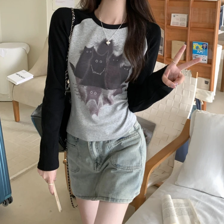 Women pure cotton Long Sleeve T Shirt Spring Autumn cartoon print Slim Casual t-shirts Female Pullovers Y2k Streetwear gray Tops