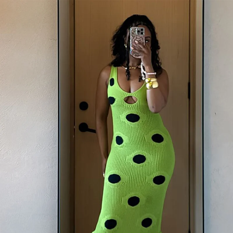 Seksowna czarna sukienka maxi z dzianiny w kropki, damska, prześwitująca, bez rękawów, z wycięciami, nowa sukienka na imprezę dla kobiet, 2025