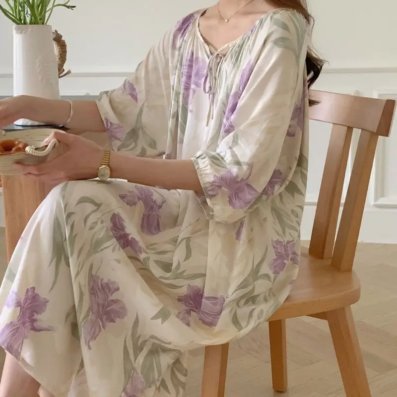 Cotton Silk Nightgown Women Summer Thin Section Cotton Silk Pajamas National Style Striped New Chinese Long Skirt Homewear