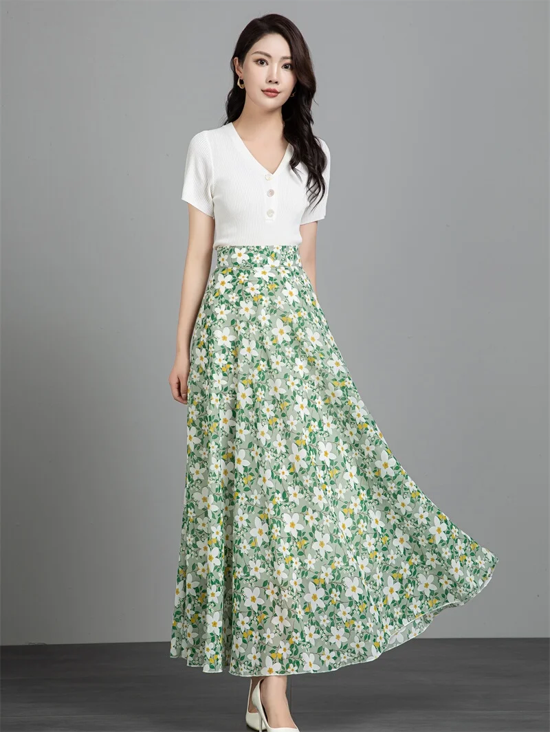 Casual hoge taille A-lijn rok Bloemenprint Chiffon Dames Zomer Strand Vakantie Dansrok Polyestervezel Niet-stretch rok