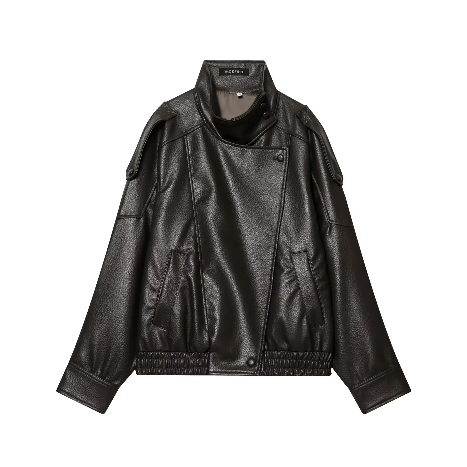 Jaqueta Feminina Nine Zar de Couro Sintético PU com Gola Alta, Solta, Decorada com Bolsos, Manga Longa e Zíper – Ideal para o Dia a Dia