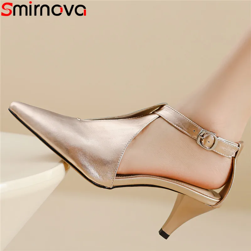 Smirnova-zapatos de piel de oveja con hebilla para mujer, sandalias de punta estrecha para fiesta de verano, tacones altos, 2023