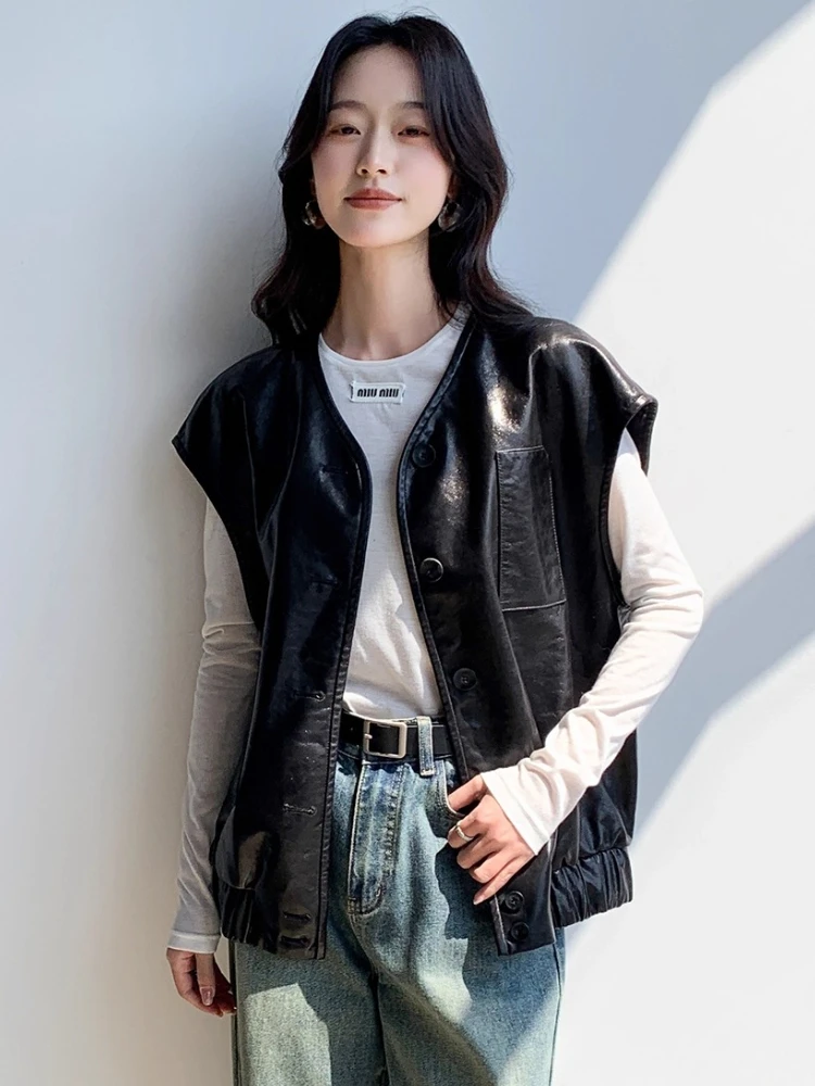 سترة دون أكمام من الجلد الطبيعي غير رسمية سترات نسائية لربيع وخريف 2025 معطف جديد عالي الجودة بسيط فضفاض ناعم أسود من جلد الغنم الحقيقي #5
