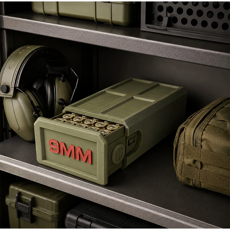 3D Printed 9mm Compact Drawer Ammo Box 50 Rounds Durable Stackable Ammunition Storage Organizer for Range & Travel