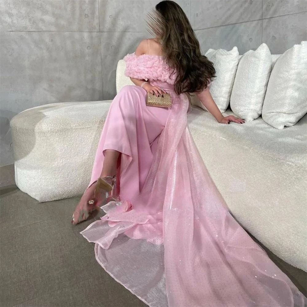 Cathy Baby Pink Off the Shoulder Prom Dresses Mermaid Satin فساتين السهرة Detachable Train Ankle-Length Vestidos De Noche 2024