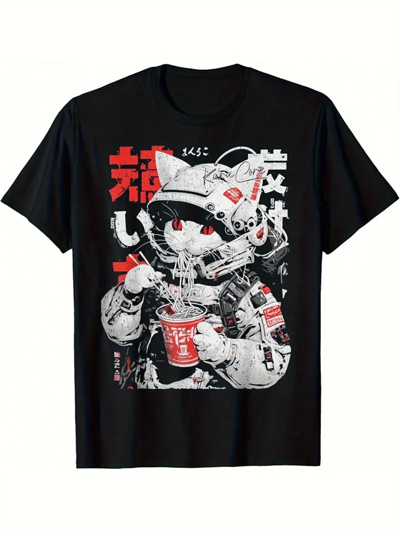 تي شيرت ياباني Cyberpunk Y2K Anime Manga - نص ياباني أسود/أبيض وتصميم مسدس دائرة حمراء، نمط ملابس تقنية قديمة #1