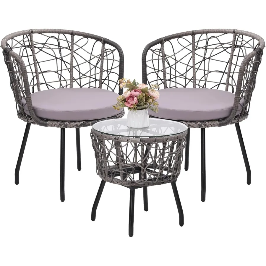 طقم بيسترو حديث للاستخدام الخارجي مع سطح طاولة من الزجاج المقسى وكرسيين للحديقة أو الفناء يتميز بوسائد قابلة للغسل من الروطان الرمادي #1