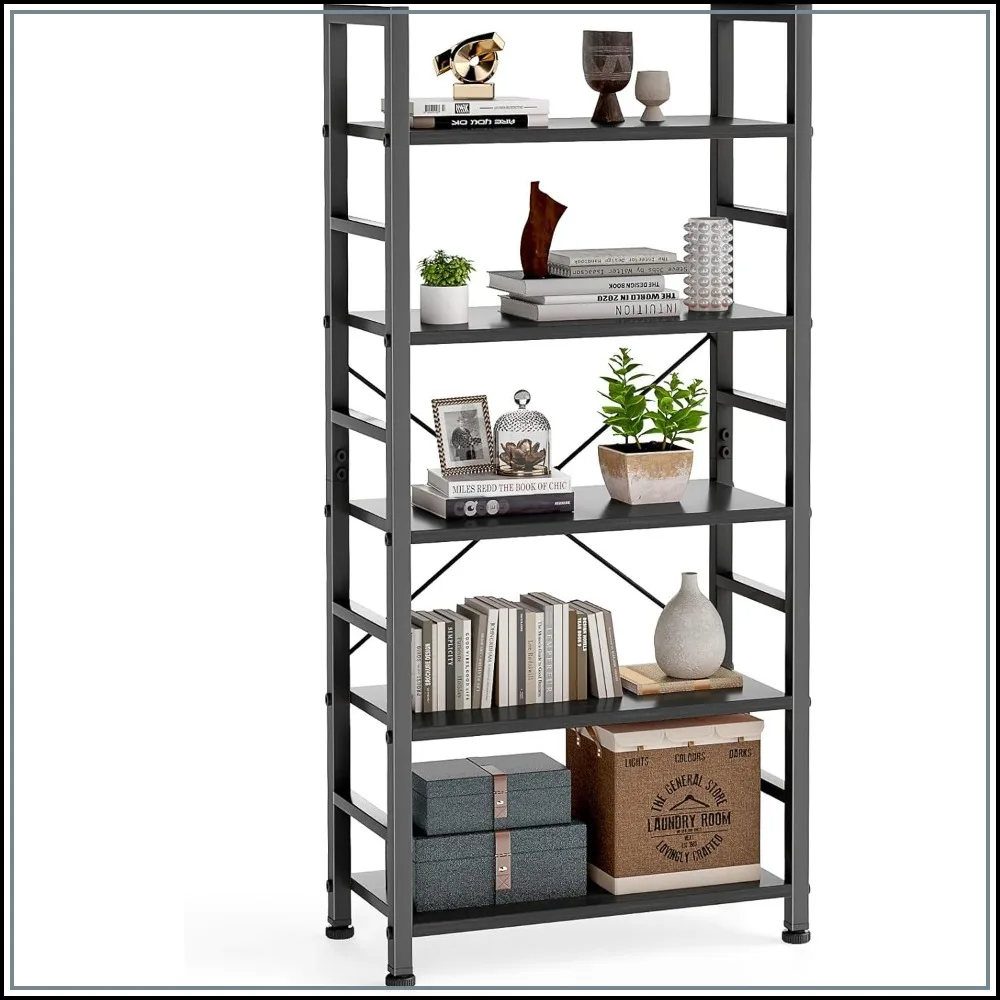 5-Tier Open Bookshelf, Tall Display Shelf, Multifunctional Storage Rack for Living Room Home Office, Sturdy Bookcase for CDs Books Movies, Black