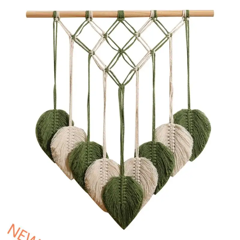 Macrames Wall Decors Cotton Handwoven Hanging Tapestry With Wooden and Fringes Tassels Leaf Theme Bedroom Accent