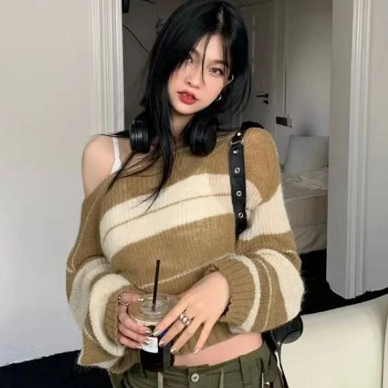 Striped Pullovers for Women Cropped Loose O-neck Ladies Cozy Retro Ins Casual Korean Style Fashion Daily All-match Свитер Tender