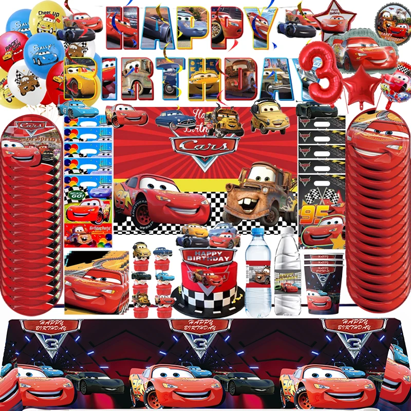 Décoration de fête d'anniversaire Cars Lightning McQueen, kit de vaisselle, assiettes, gobelets, sac cadeau, ballons, autocollants, cadeaux pour garçons, fournitures pour baby shower