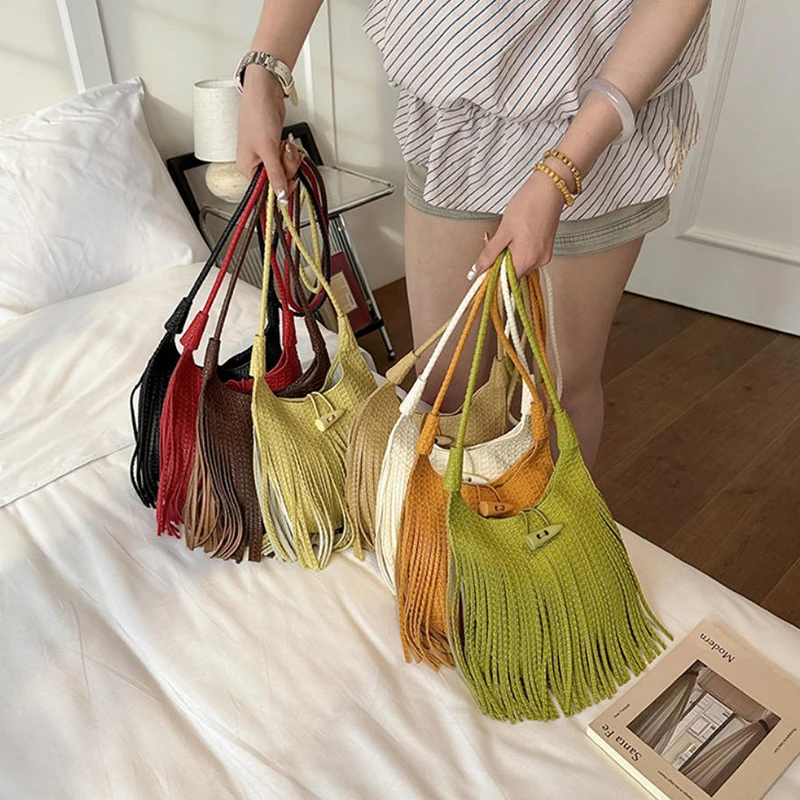 Long Tassel Horn Button Crossbody Shoulder Bag,bohemian Women Sling Bag,summer Fringed Woven Lightweight Handbag,commute Purse view 2