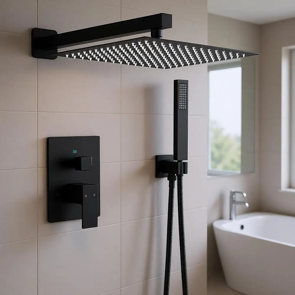 10 Inches Rainfall Shower and Single Handle Wall Mounted Shower System Set with Female Threads Body (Matte Black)