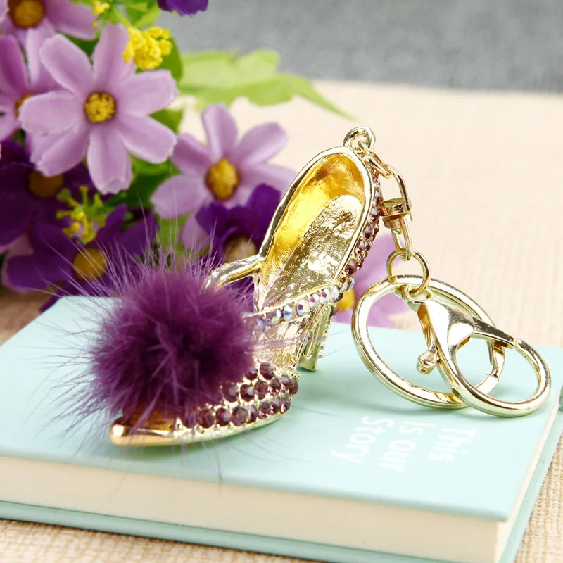 Fashion KeyChains Crystal Rhinestone Hairball Decoration Shoes Key Chains Rings Holder Purse Bag Buckle Pendant