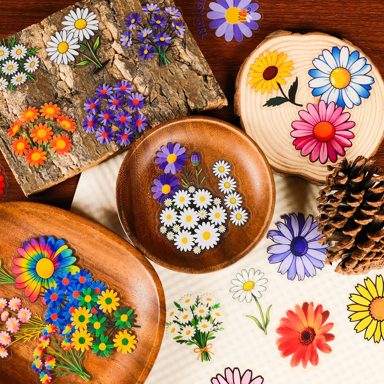 56/112PCS Colorful Daisy Transparent PET Stickers High Beauty Artistic Phone Decorative Notebook Stationery Stickers