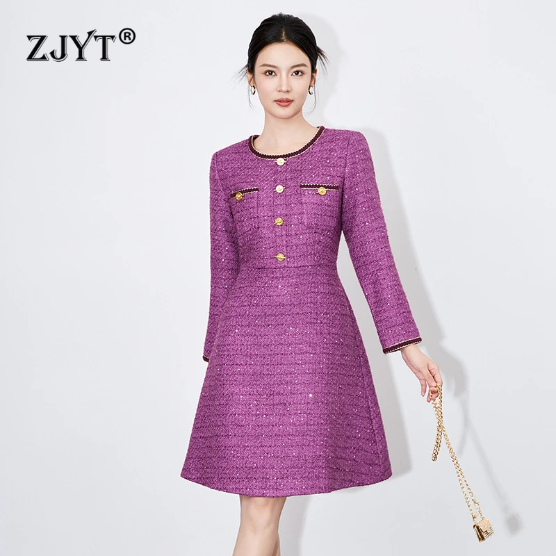 

ZJYT Designer Fashion Women's Tweed Woolen Dresses for Autumn 2024 New Elegant Long Sleeve Purple Aline Short Dress Vestidos