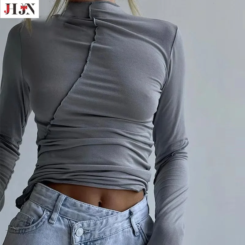 2024 Autumn Women's Long Sleeve Bottom Shirt Reverse car Temperament Fashion Half turtleneck Long Sleeve T-Shirt Tops Women's