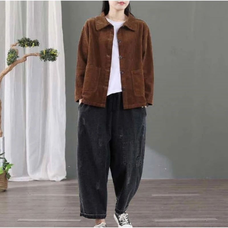 

Fashionable Women Corduroy Jacket Korean Version Retro Versatile Casual Jacket With Pockets Solid Loose Top Outerwear Coat S-6XL