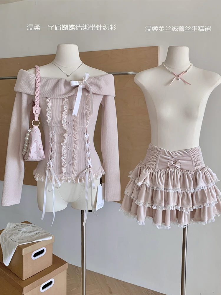 Fall Winter Women Kpop Shoujo Mori Girl 2000s Aesthetic Outfits 2 Piece Set Long Sleeve Off Shoulder Coquette Tops + Mini Skirt