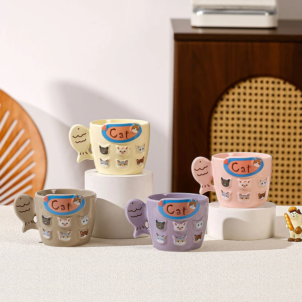 Cute Cat Decor Purple Ceramic Mug Fish Shaped Handle 3D Cat Faces Coffee Tea Cup Home Kitchen Afternoon Tea Daily Drinkware