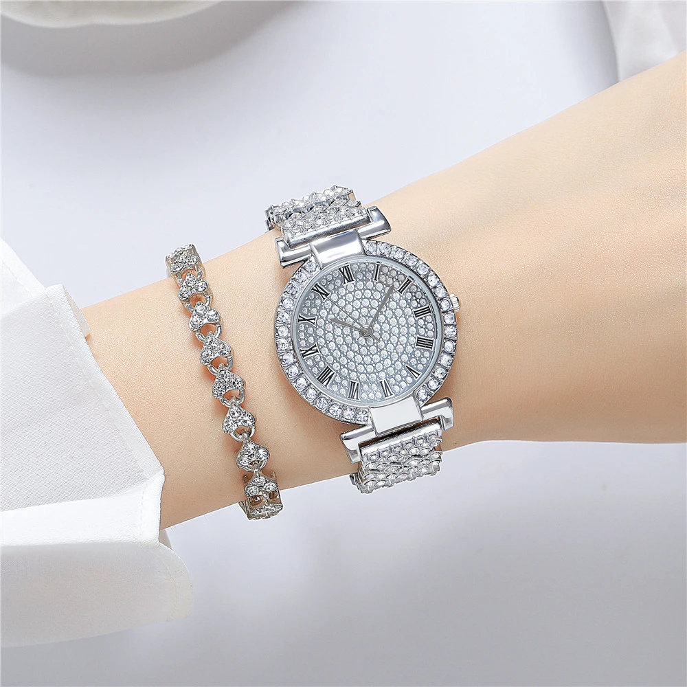 Jam Tangan Kuarsa Wanita Modis Jam Tangan Wanita Bermerek Mewah Langit Berbintang Penuh dengan Berlian Jam Tangan Tali Baja Tahan Karat Mawar Emas