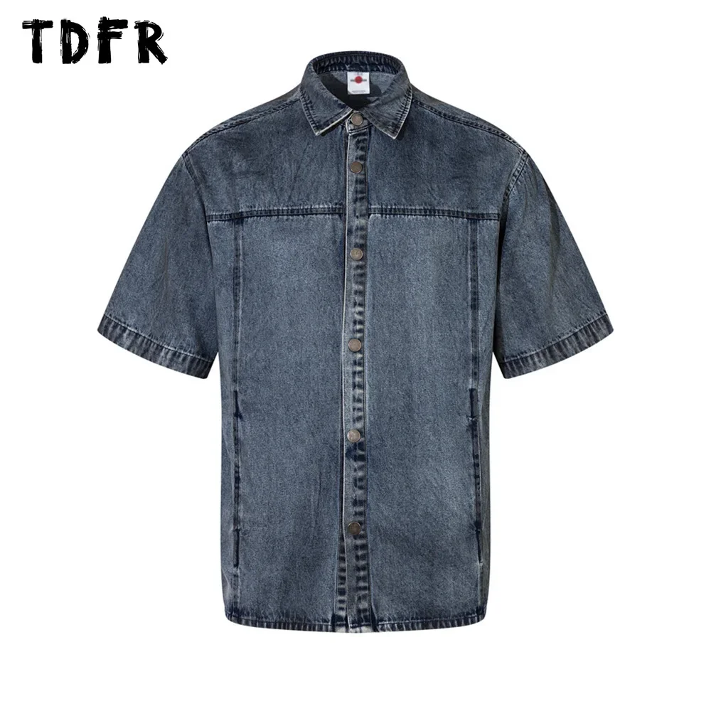 Spliced Denim Short Sleeve Shirts Mens Washed Distressed Lapel Single Breasted Half-Sleeve Jeans Shirts Men