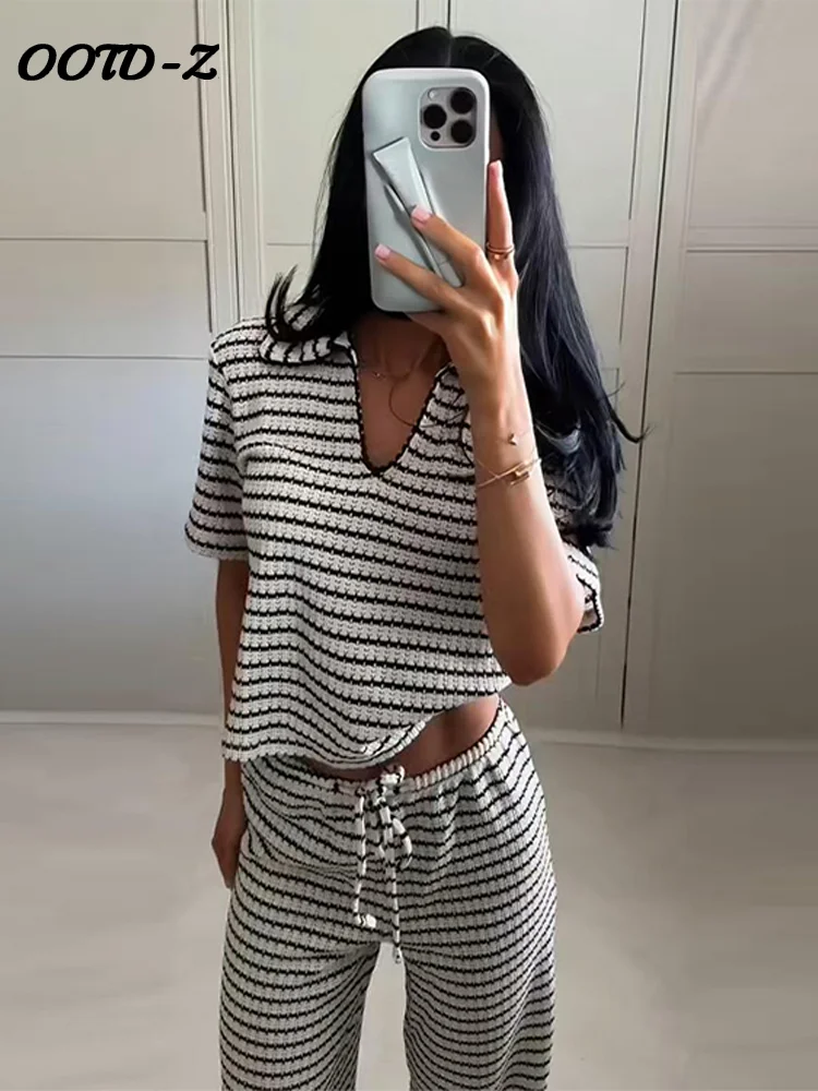Casual Women's Knit Striped Pullover Pants Set 2025 Loose Polo Collar Short Sleeve T-shirt Drawstring Wide Leg Pant Lady Outfit